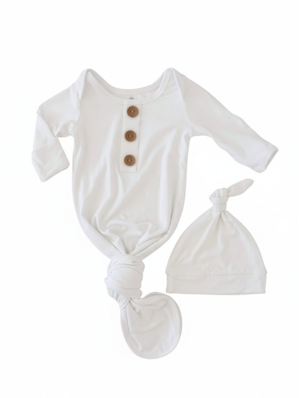 Caden Lane Solid White Bamboo Baby Knot Gown & Hat, 0-3 Months